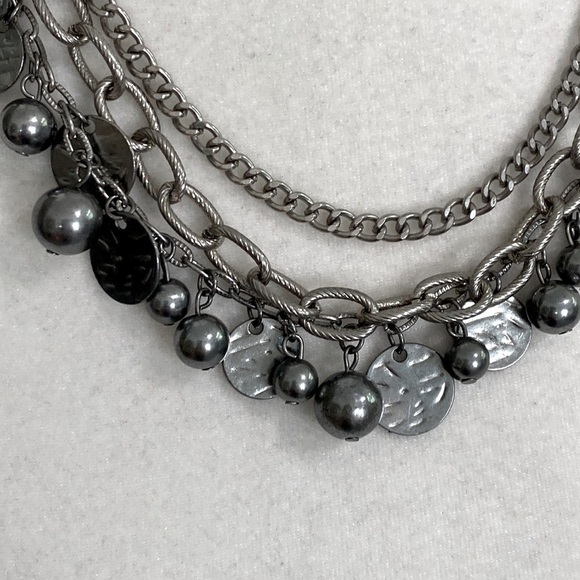 Silver Rocker Rebel Edgy Layered Bead Discs Coins Textured Chain Necklace - Picture 11 of 16